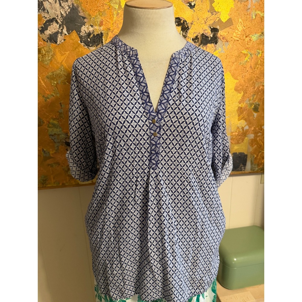 Saint Tropez West Navy White Geometric Tile Print Roll Tab Sleeve Tunic Top M